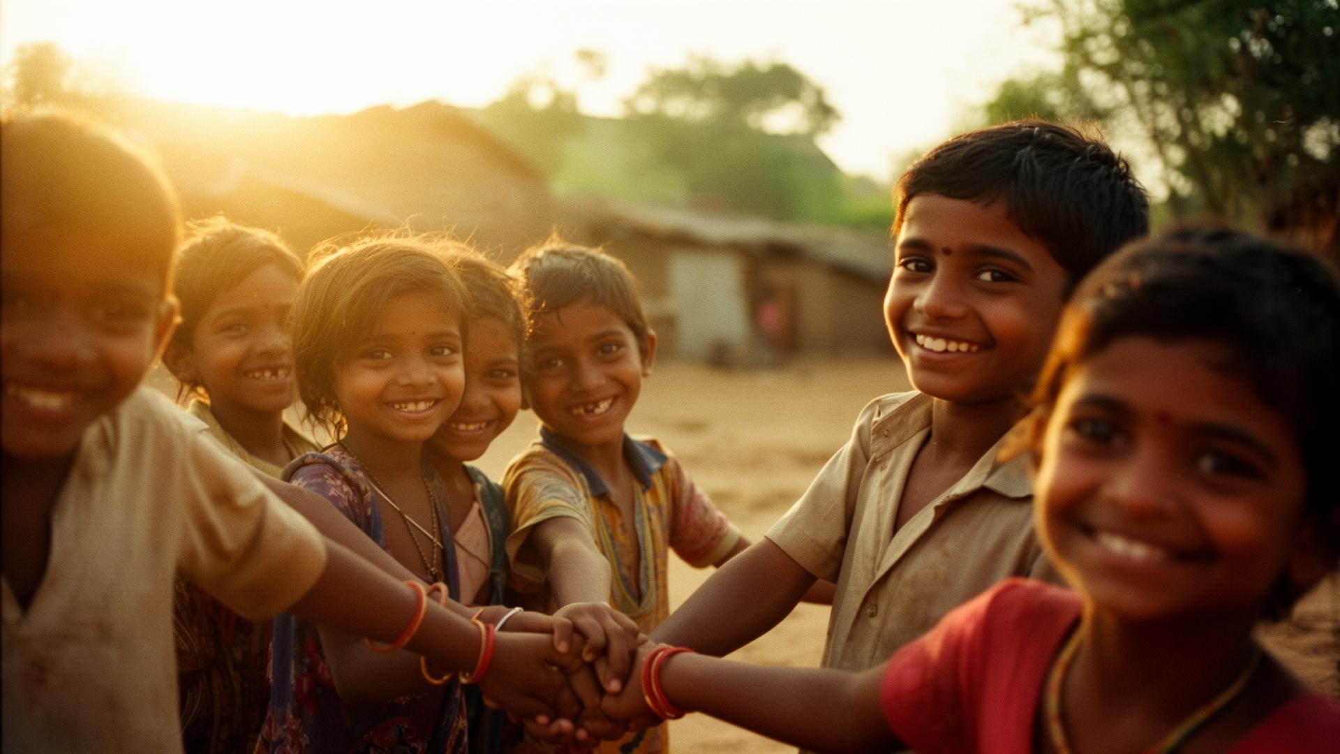 Smiling children in rural India at golden hour